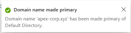 Entra ID Custom Domain Names showing apex-corp.xyz verified and set as primary domain